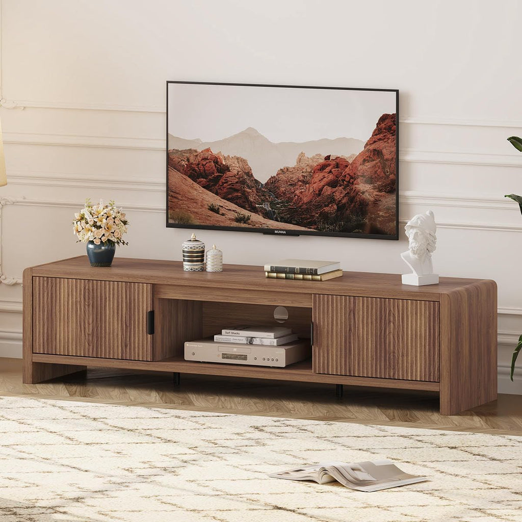 FATORRI TV Stand for 75/65/55 Inch TVs, Farmhouse Entertainment Center with Storage, Wood Waveform Fluted-Door Television Media Console for Living Room,Bedroom (63' W, Walnut)