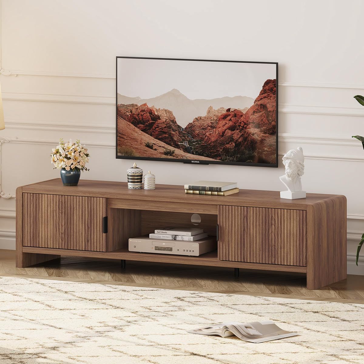 FATORRI TV Stand for 75/65/55 Inch TVs, Farmhouse Entertainment Center with Storage, Wood Waveform Fluted-Door Television Media Console for Living Room,Bedroom (63' W, Walnut)