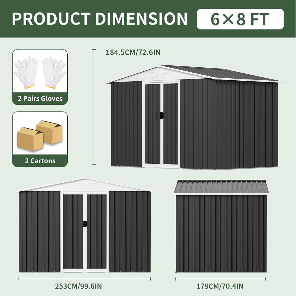 8x6 FT Large Outdoor Storage Shed, Galvanized Tool Shed, Metal Garden Shed with Apex Roof & Lockable Door, Waterproof Rust-Resistant for Patio Furniture Lawnmower Bike
