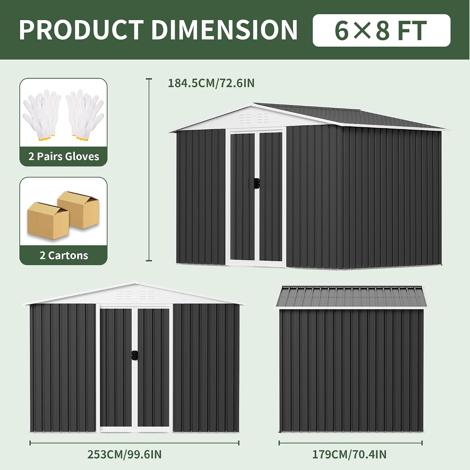 8x6 FT Large Outdoor Storage Shed, Galvanized Tool Shed, Metal Garden Shed with Apex Roof & Lockable Door, Waterproof Rust-Resistant for Patio Furniture Lawnmower Bike