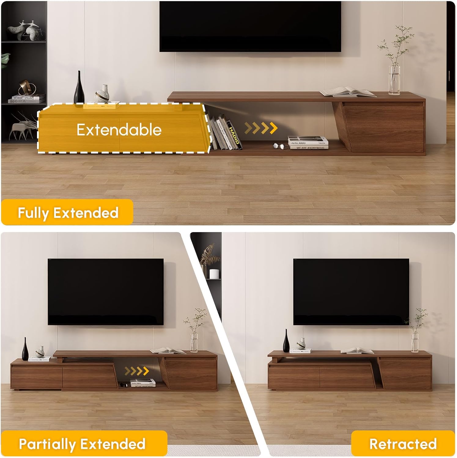 homary TV Stand for Living Room, Walnut Extendable Media Console, Minimalist Media Entertainment Center with 3 Drawers, Adjustable TV Stand for Up to 110 Inch TVs