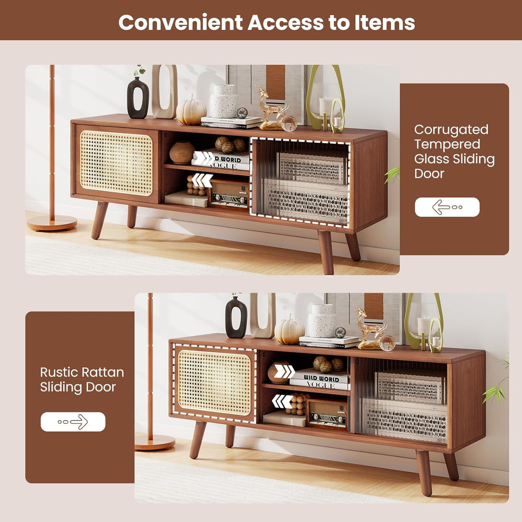 Giantex Bamboo TV Stand for TVs up to 55', Mid Century Modern Entertainment Center w/ 3-Level Adjustable Shelf, PE Rattan, Tempered Glass Sliding Door, Media TV Console Table for Bedroom (Walnut)