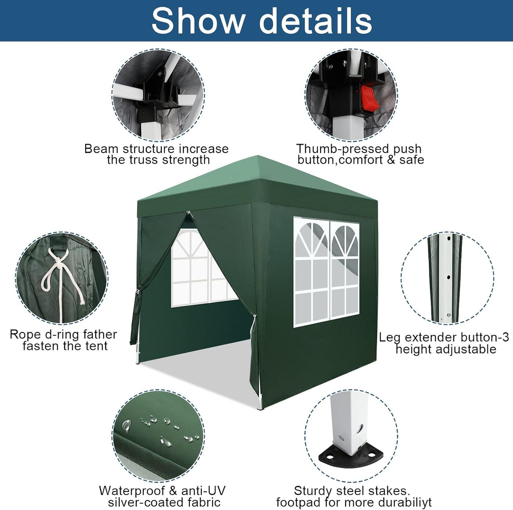 6.5x6.5 Pop Up Canopy with Sidewalls,3 Height Adjustable Gazebo Tent with Carrying Bag, 8 Stakes & 4 Ropes, Easy Up Canopy for Events,Party, Wedding (6.5x6.5FT Green with 4Sidewalls)