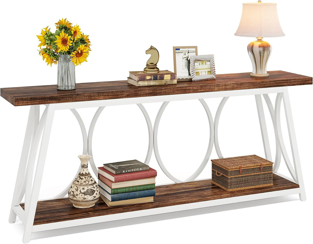 Tribesigns 70.9 inch Extra Long Console Table, Industrial Sofa Table Behind Couch with 2 Tier Storage Shelf, Narrow Entryway Hallway Accent Table for Living Room, White & Brown