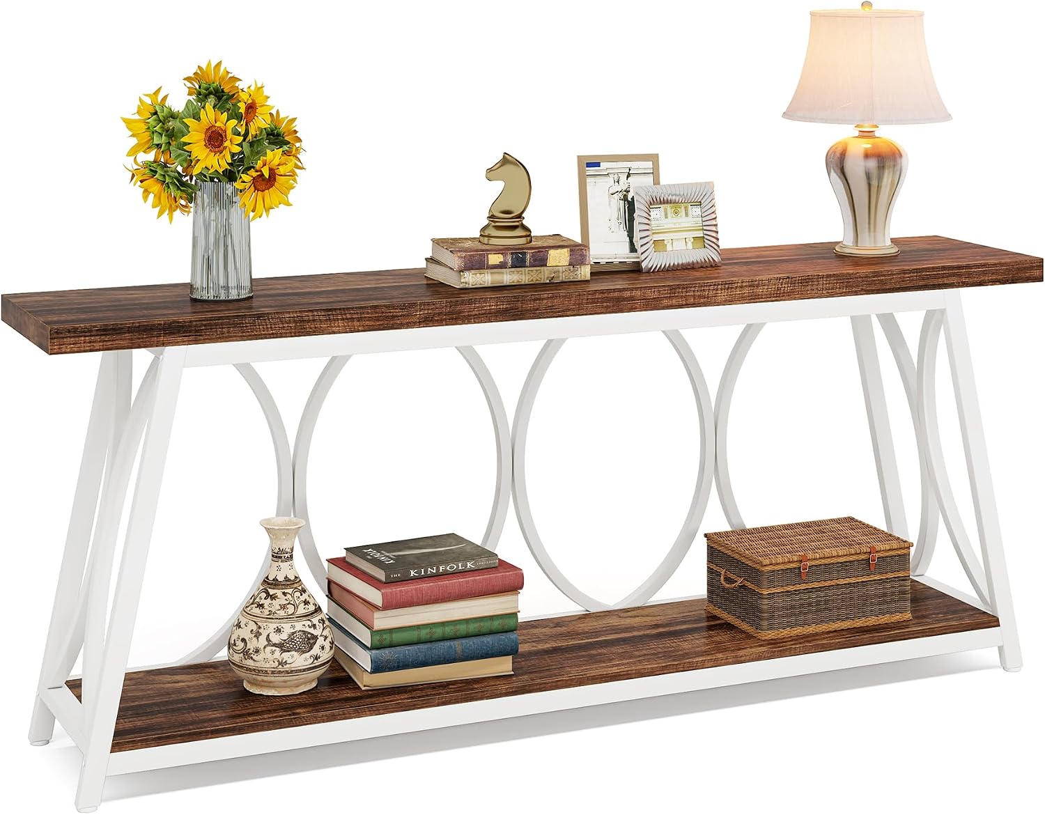 Tribesigns 70.9 inch Extra Long Console Table, Industrial Sofa Table Behind Couch with 2 Tier Storage Shelf, Narrow Entryway Hallway Accent Table for Living Room, White & Brown