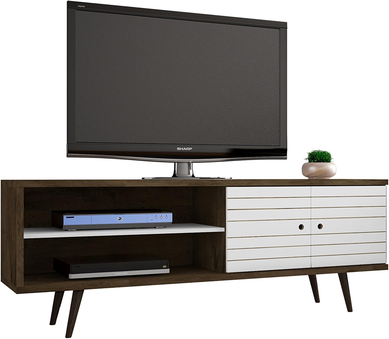 Manhattan Comfort Liberty Mid Century Modern TV Stand for Televisions up to 60 Inches, Bedroom and Living Room Entertainment Center with Storage, Shelves, and Cabinet, 63' Wide, Rustic Brown/White