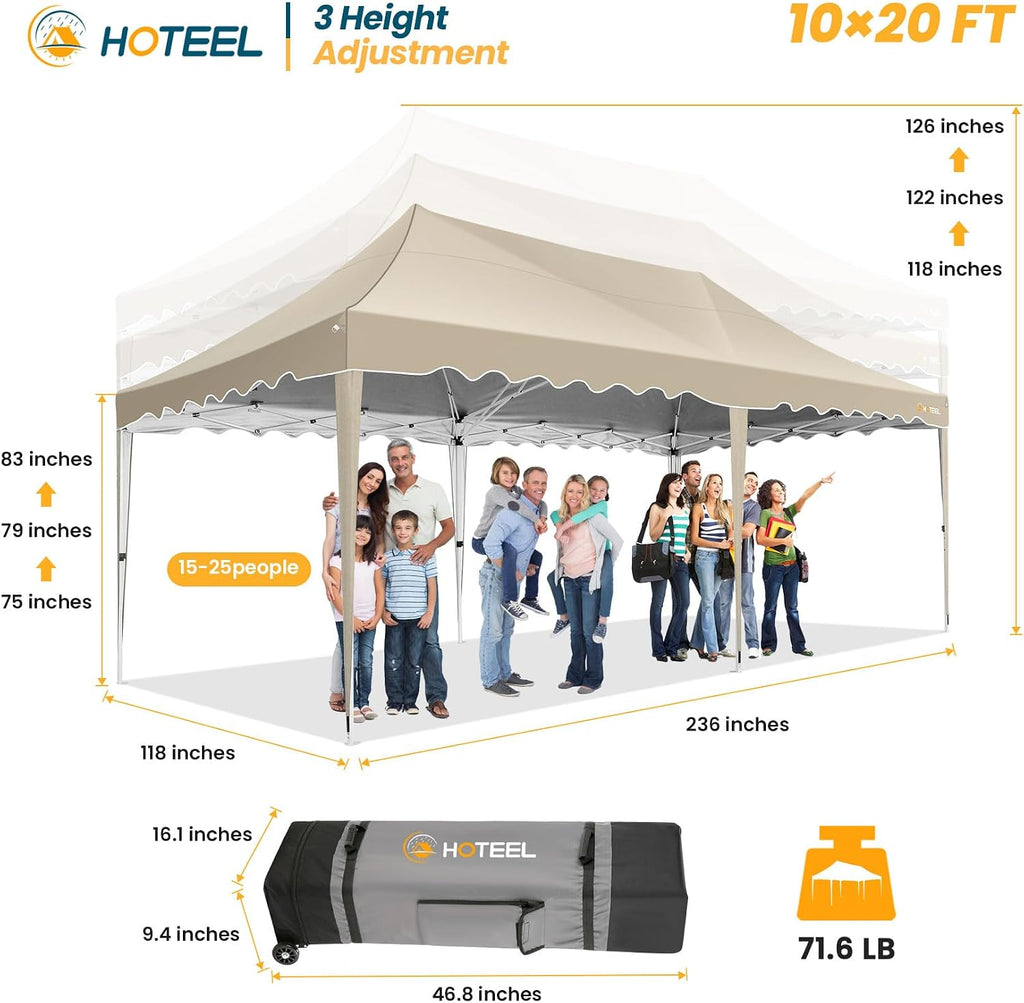 HOTEEL 10×20 Pop Up Canopy, Canopy Tent UV 50+ and Waterproof, Thickened Frame, Large Space Easy Pop Up Canopy, Outdoor Canopy for Weddings, Beaches, Parties, Patio (Khaki)