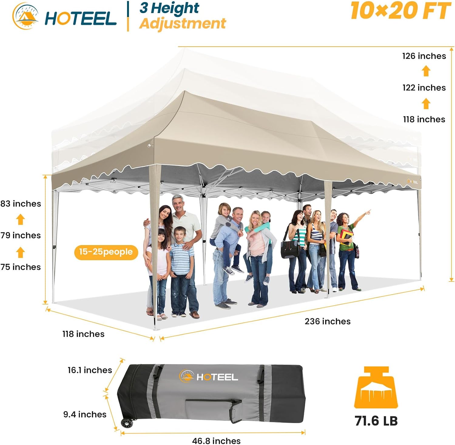 HOTEEL 10×20 Pop Up Canopy, Canopy Tent UV 50+ and Waterproof, Thickened Frame, Large Space Easy Pop Up Canopy, Outdoor Canopy for Weddings, Beaches, Parties, Patio (Khaki)