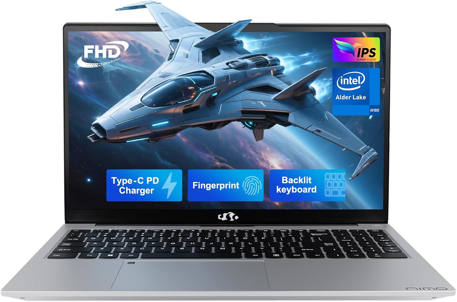 NIMO 15.6' IPS FHD-Laptop, Intel Pentium Quad Core N100 8GB RAM 256GB SSD (Beat i3-1115G4, Up to 3.4GHz) Computer with Backlit Keyboard Fingerprint Type-C Charger WiFi 6 BT5.2, for Student and Home
