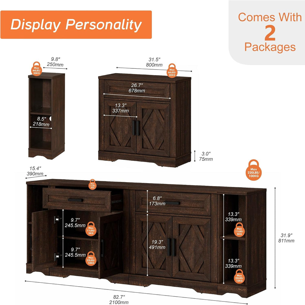 WAMPAT 82.7' W TV Stand for up to 95' TVs,Farmhouse Entertainment Center with Storage Barn Door Cabinet,TV Console Table with Media Cabinet and Drawers for Living Room,Bedroom,Dark Brown