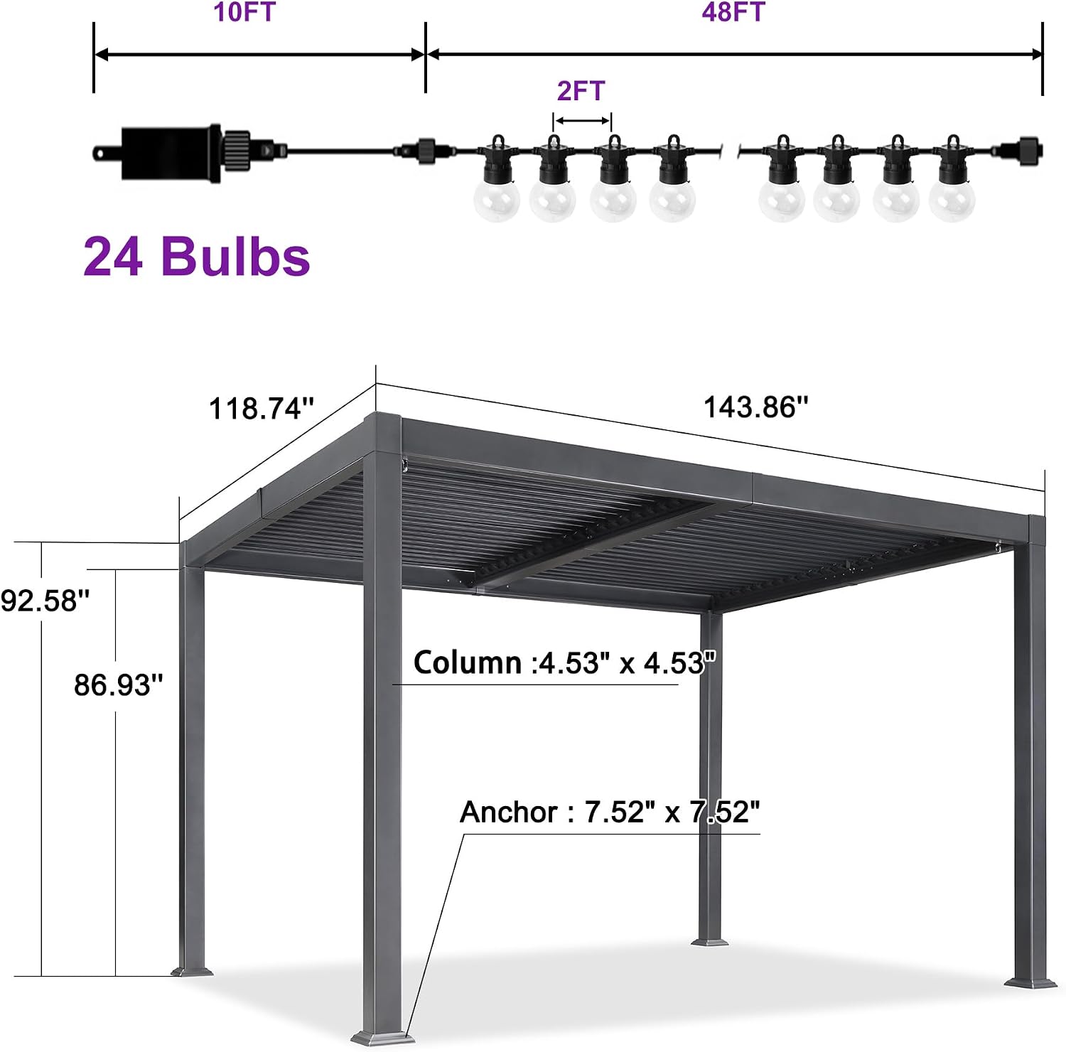 PURPLE LEAF Louvered Pergola w/Light 10' x 12' Aluminum Outdoor Pergola, Adjustable Louvers Roof, Integrated Drainage System 70 Mph High Wind Resistant Small Pergolas for Patio Deck Porch Yard