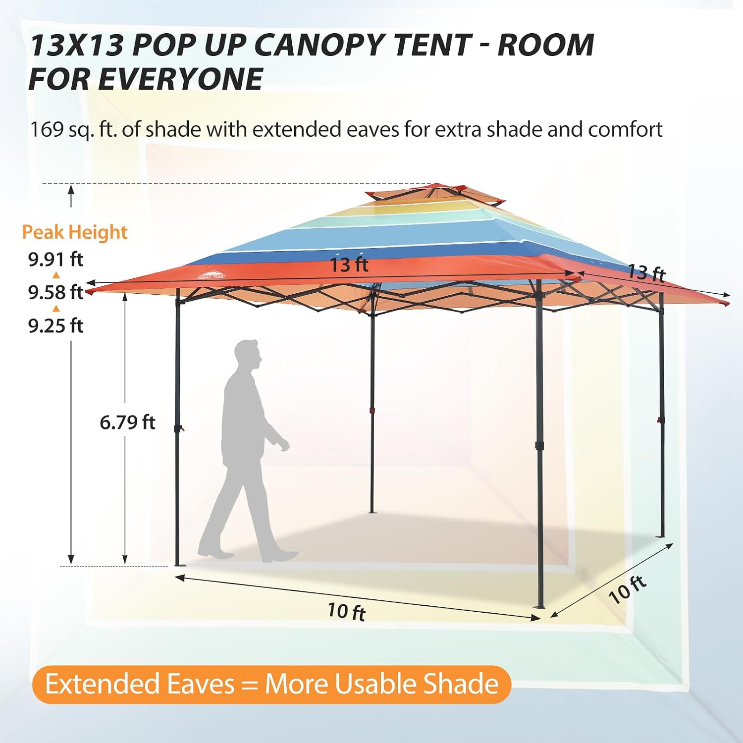 EAGLE PEAK 13x13 Straight Leg Pop Up Canopy Tent Instant Outdoor Canopy Easy Single Person Set up Folding Shelter w/Auto Extending Eaves 169 Square Feet of Shade (Retro Stripe Multi)
