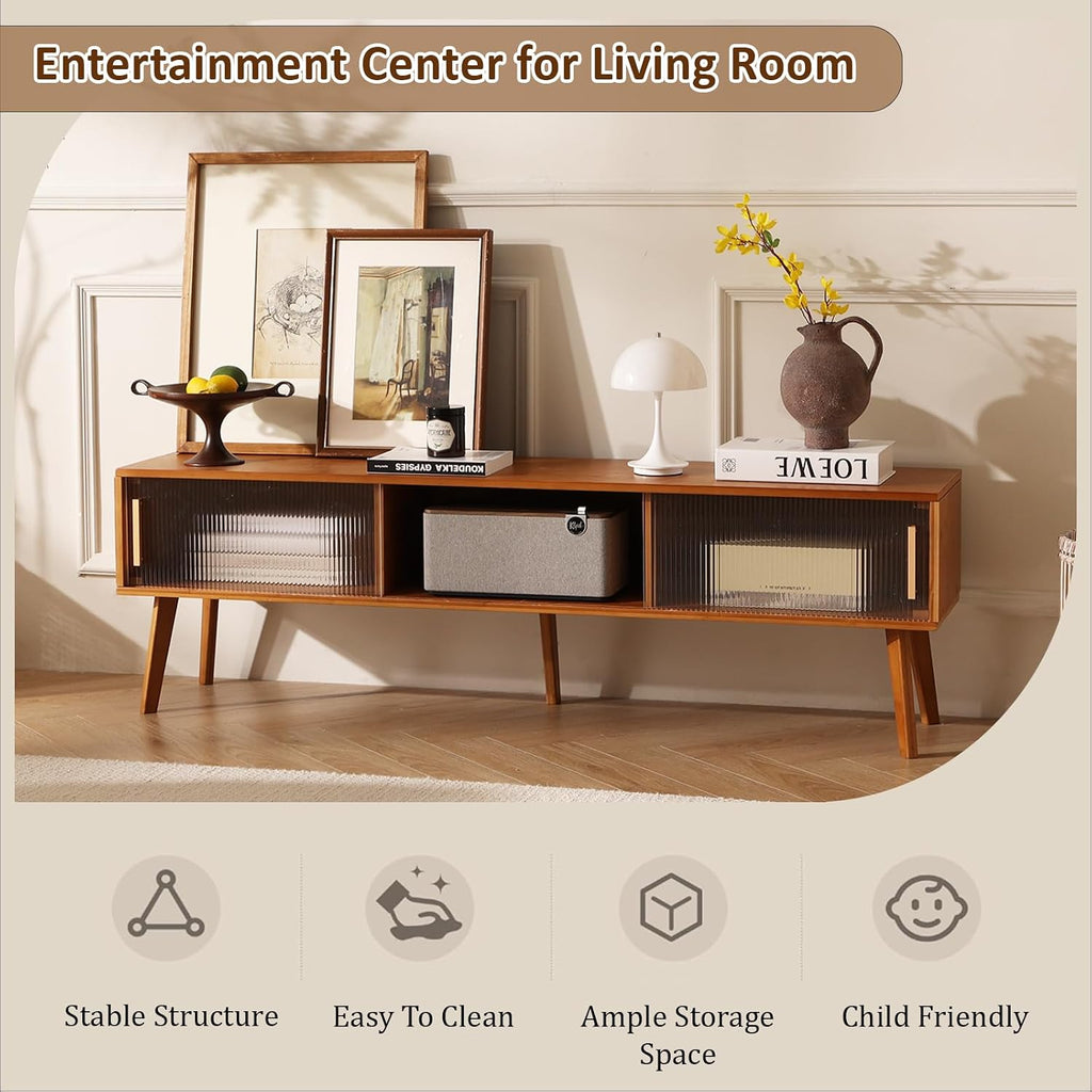 Baveke Bamboo TV Stand Entertainment Center tv Console, Mid-Century Modern Television Stand for 55-65 inch TVs, Wood TV Stand with Storage, Tv Stands for Living Room, Bedroom and Home Decor, Brown