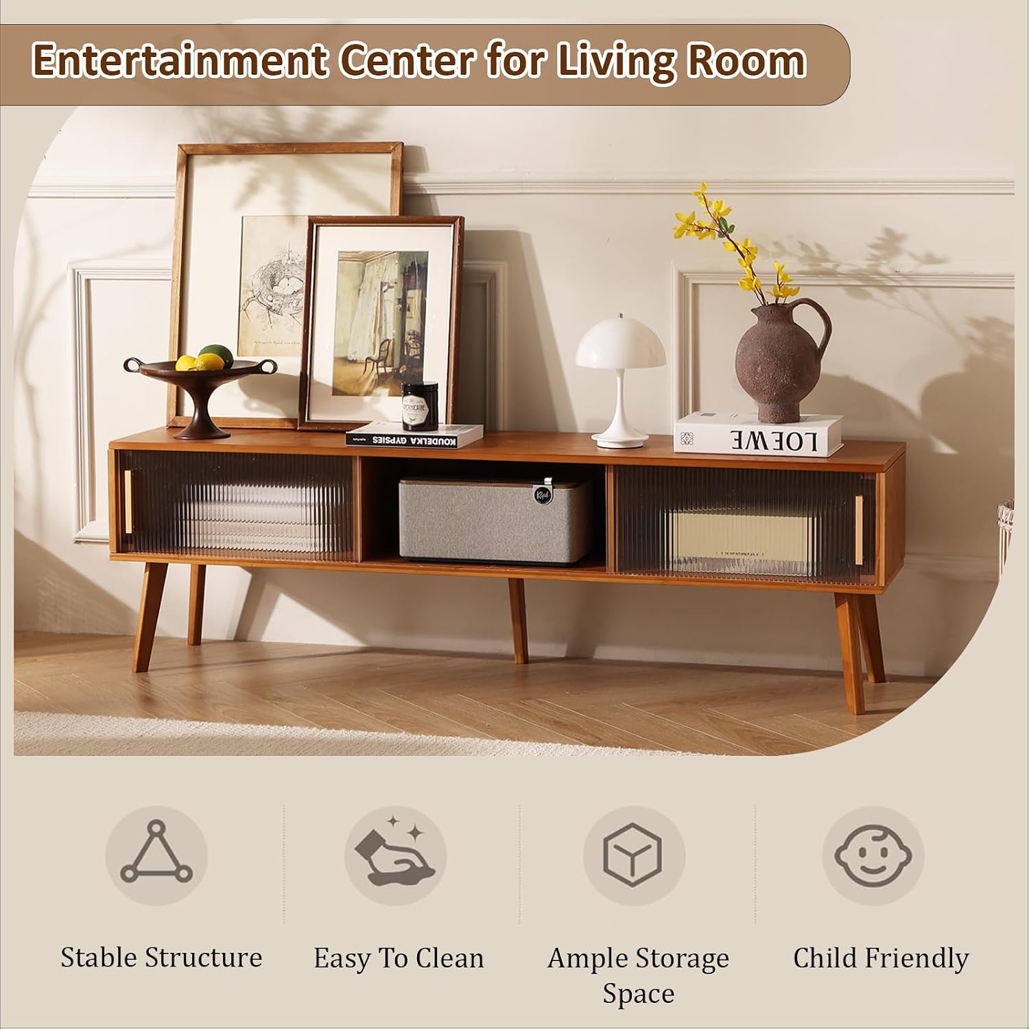 Baveke Bamboo TV Stand Entertainment Center tv Console, Mid-Century Modern Television Stand for 55-65 inch TVs, Wood TV Stand with Storage, Tv Stands for Living Room, Bedroom and Home Decor, Brown