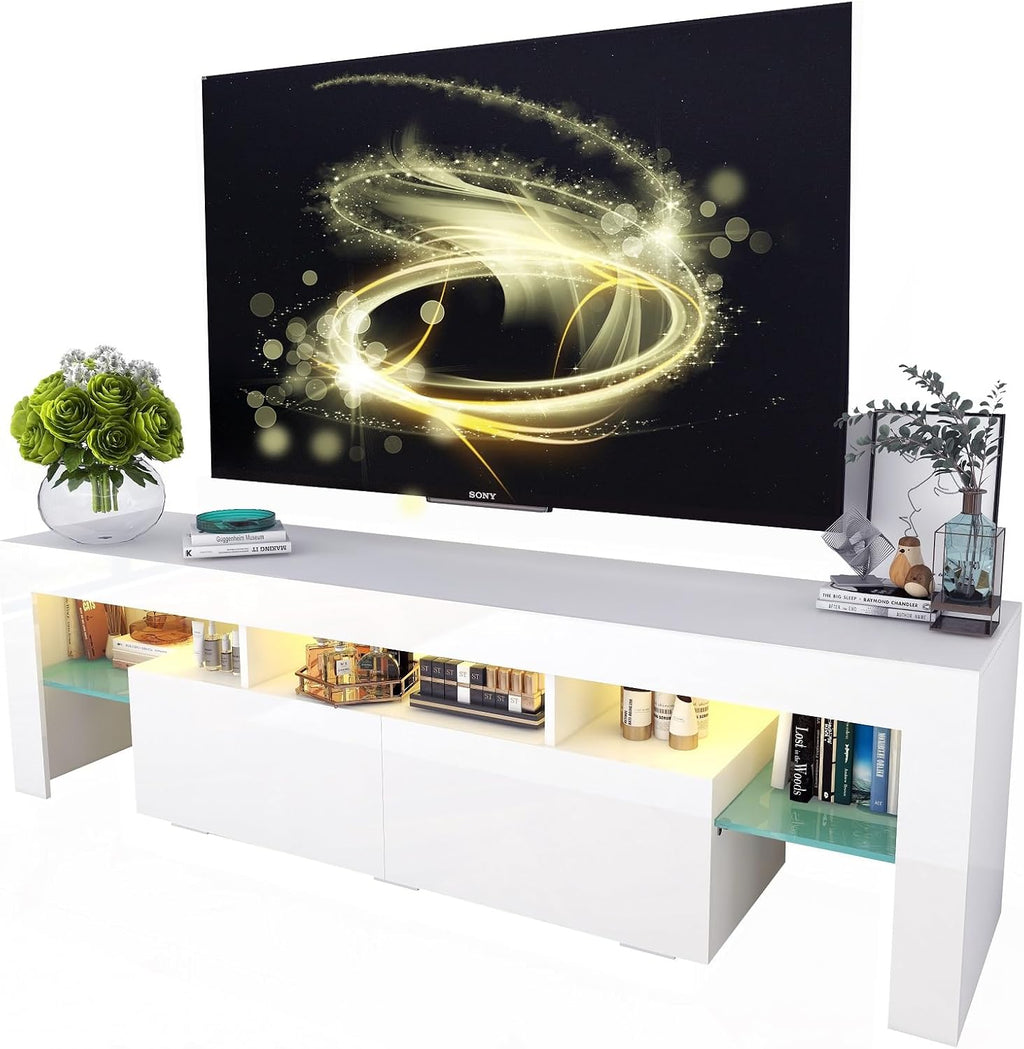 White TV Stand, 60 65 70 75 inch Wood TV Stand, High Glossy Entertainment Center with Large Drawers＆Glass Display Shelf, LED Modern Media Gaming Cabinet TV Console for Livingroom