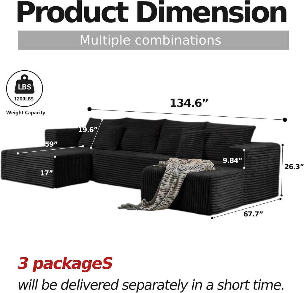 CHORRO134.6''Sectional Boneless Couch for Livingroom,Modular Corduroy Cloud Couch, U-Shaped Sofa with Chaise and Pillows,4-Deep Seat Sectional Sofa with 1 Ottoman,(Black,Left Chaise)