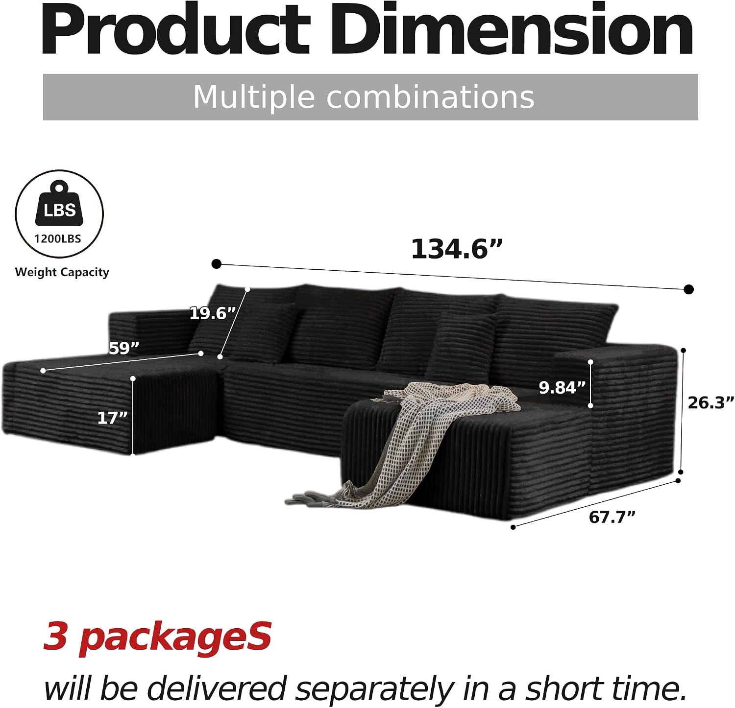 CHORRO134.6''Sectional Boneless Couch for Livingroom,Modular Corduroy Cloud Couch, U-Shaped Sofa with Chaise and Pillows,4-Deep Seat Sectional Sofa with 1 Ottoman,(Black,Left Chaise)