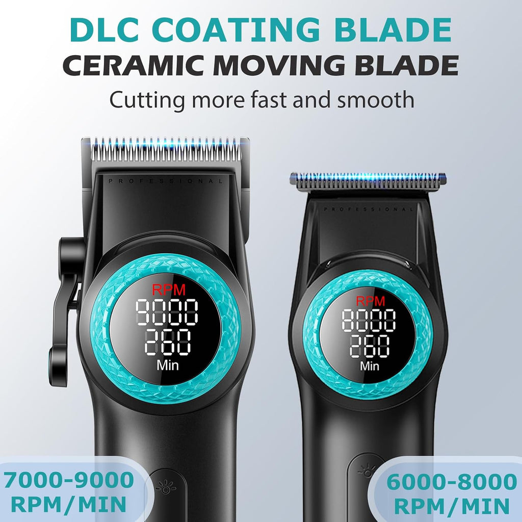 VGR 001 & 977 Professional Hair Clippers for Men, Cordless Barber Clippers and Zero Gap Trimmers Set, DLC Coating Blade Hair Cutting Kit with LED Display, USB Rechargeable Barber Set(Black)