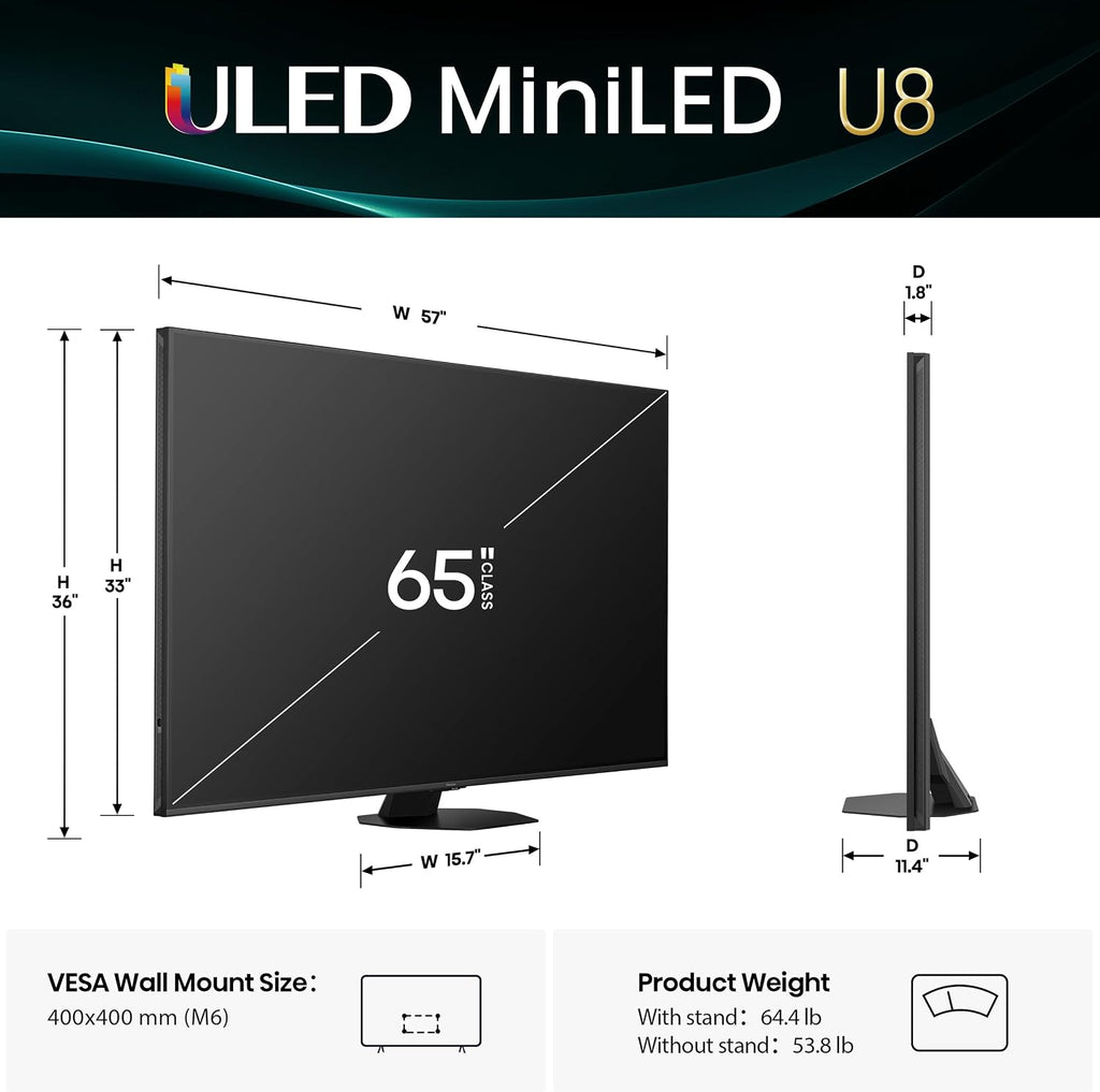 Hisense 65' Class U8 Mini-LED ULED 4K UHD Google Smart TV (65U8QG, 2025 Model) - QLED, Native 165Hz, VRR 288, Up to LD5600, 5000 Nits, HDR10+, Dolby Vision IQ · Atmos, IMAX Enhanced, 4.1.2 Ch Audio