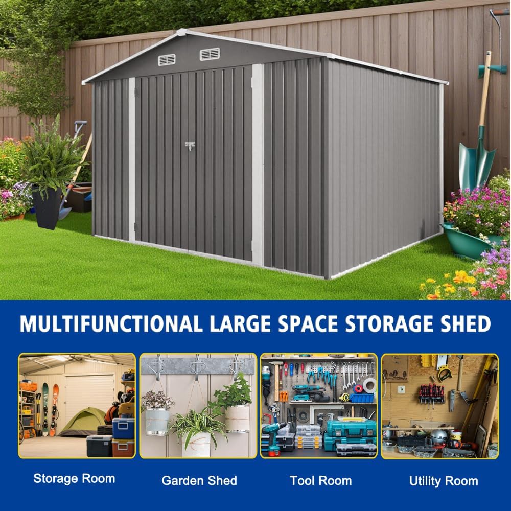 10 x 8 FT Outdoor Storage Shed with Lockable Doors, Metal Garden Tool Shed with Air Vent & Clear Window, Large Utility Storage for Lawn Equipment, Bicycles, Patio & Backyard - Gray