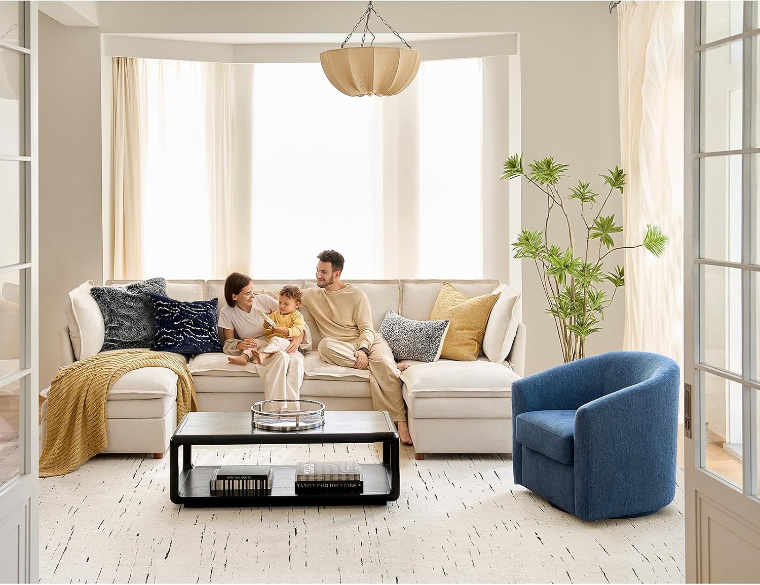 HULALA HOME 128'' Oversized Modular Sectional Sofa with Dual-Layered Cushions, U Shaped 6 Seater Couch with Storage Ottoman and Removable Cover, Modern Deep Seat Cloud Couch for Living Room, Beige