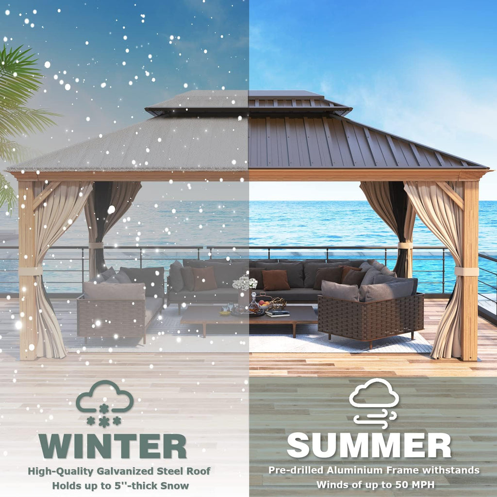 MELLCOM 12' x 16' Gazebo, Wooden Finish Coated Aluminum Frame Hardtop Gazebo with Galvanized Steel Double Roof, Outdoor Permanent Metal Pavilion with Curtains and Nettings for Patios, Gardens, Lawns