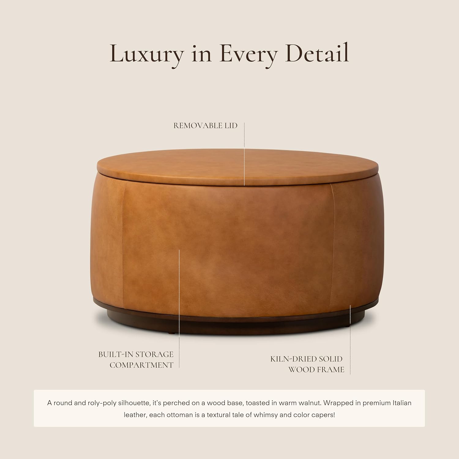 Poly & BARK Herve Storage Ottoman – Round Italian Full-Grain Leather Ottoman with Hidden Storage – Solid Wood Base in Walnut Finish – Cognac Tan