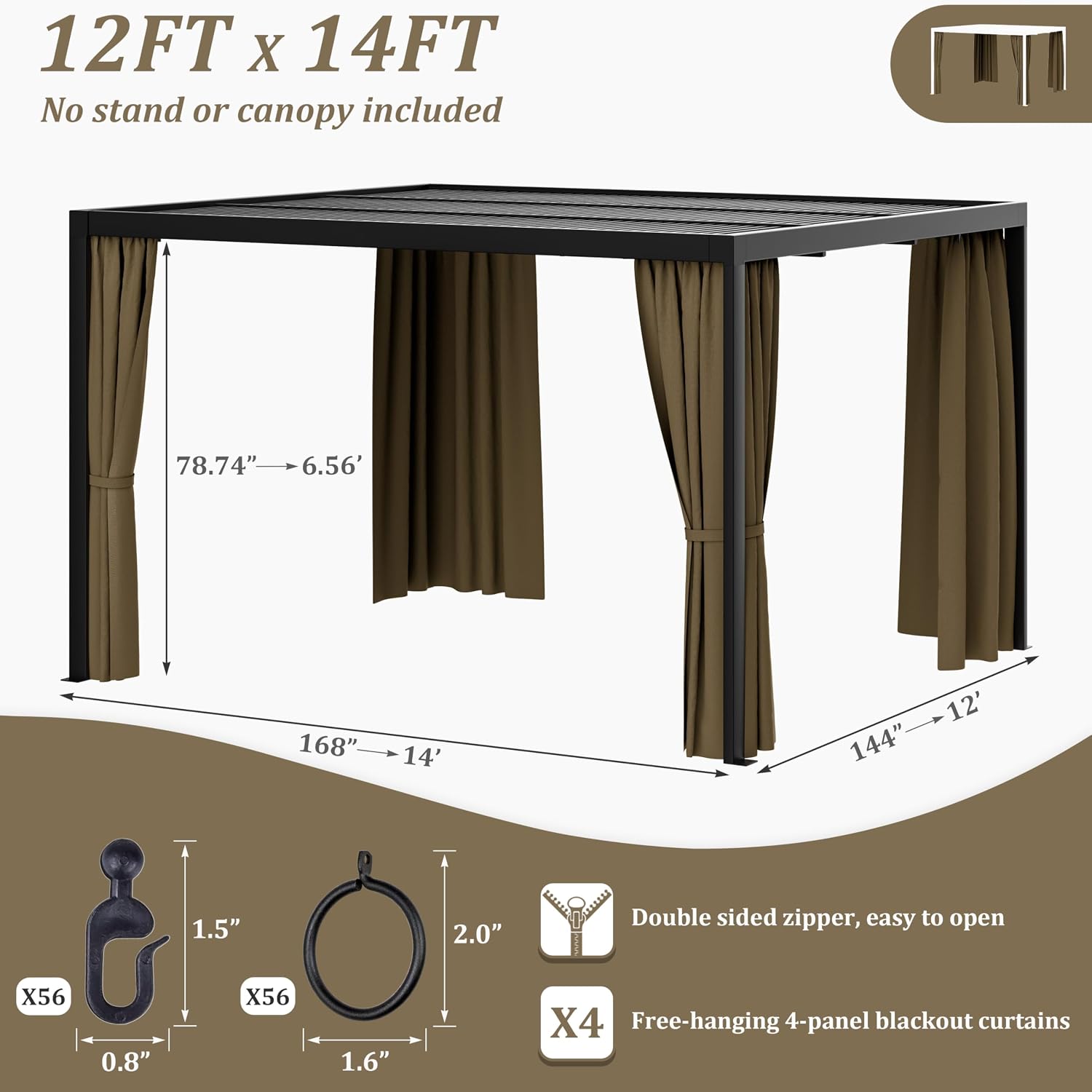 Gazebo Universal Replacement Privacy Curtain,12'×14' Gazebo Outdoor Waterproof Curtains, 4-Panels Sidewall Curtains with Double Zipper for Patio Canopy, Garden and Backyard (Curtain Only)