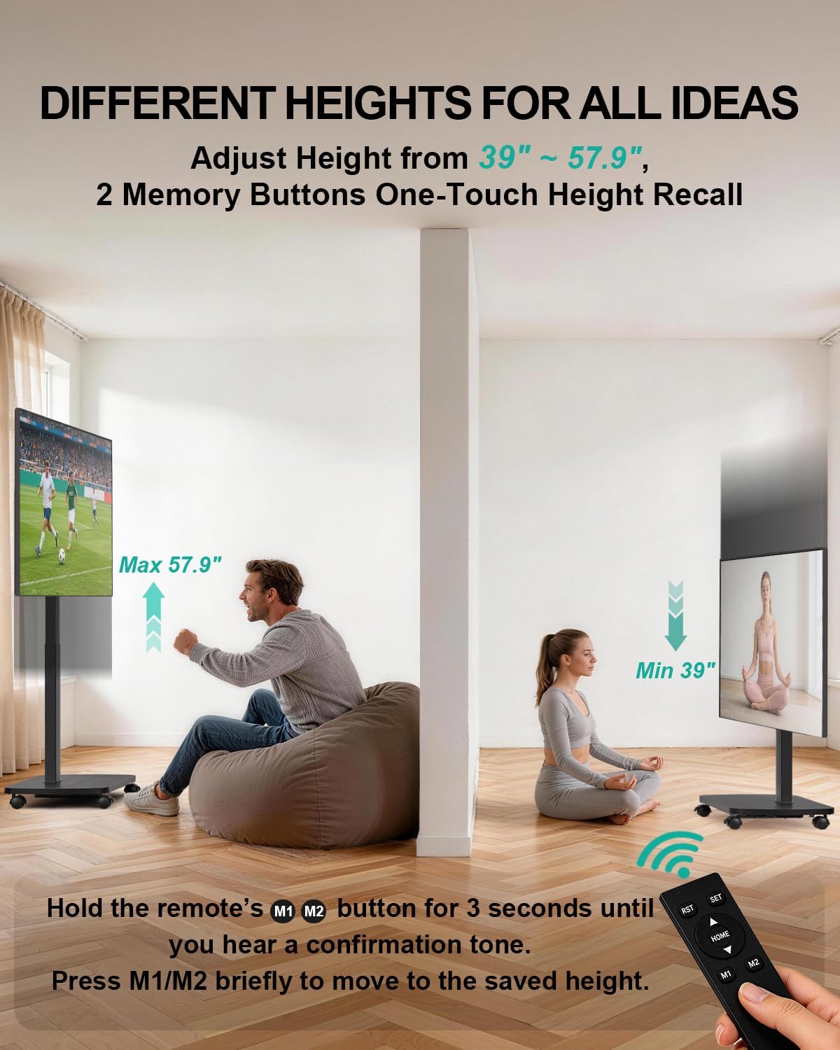 WALI Motorized Rolling TV Stand Lift on Wheels, Electric Height Adjustable Television Stand Mount with Remote for 30-75' TVs up to 110 lbs, Mobile TV Cart with Wood Base for Bedroom(TVDVD-7ER), Black
