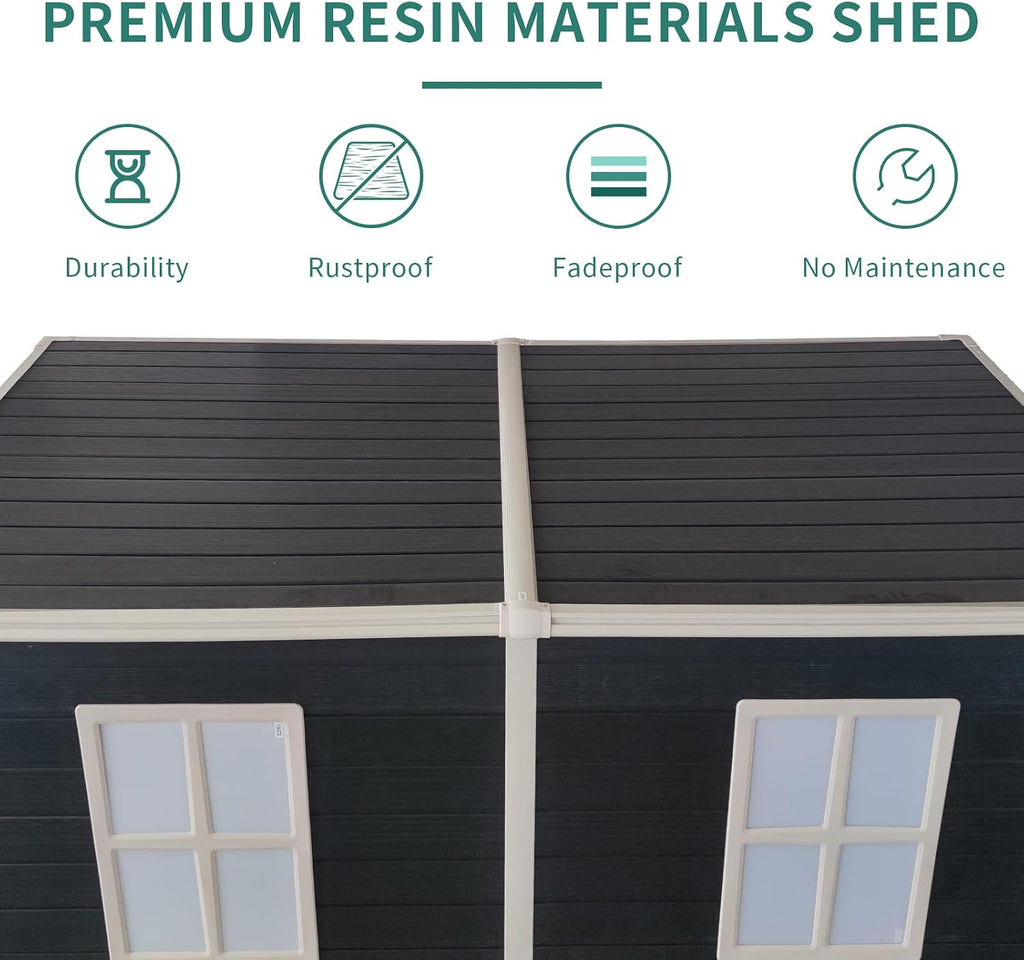Storage Shed, 4x8ft Outdoor Storage Shed with Floor Included with 2 Windows and Lockable Door, Resin Sheds for House Garden Tools, Bike, Motorcycle, Lawn Mover, Lean to Shed, Black