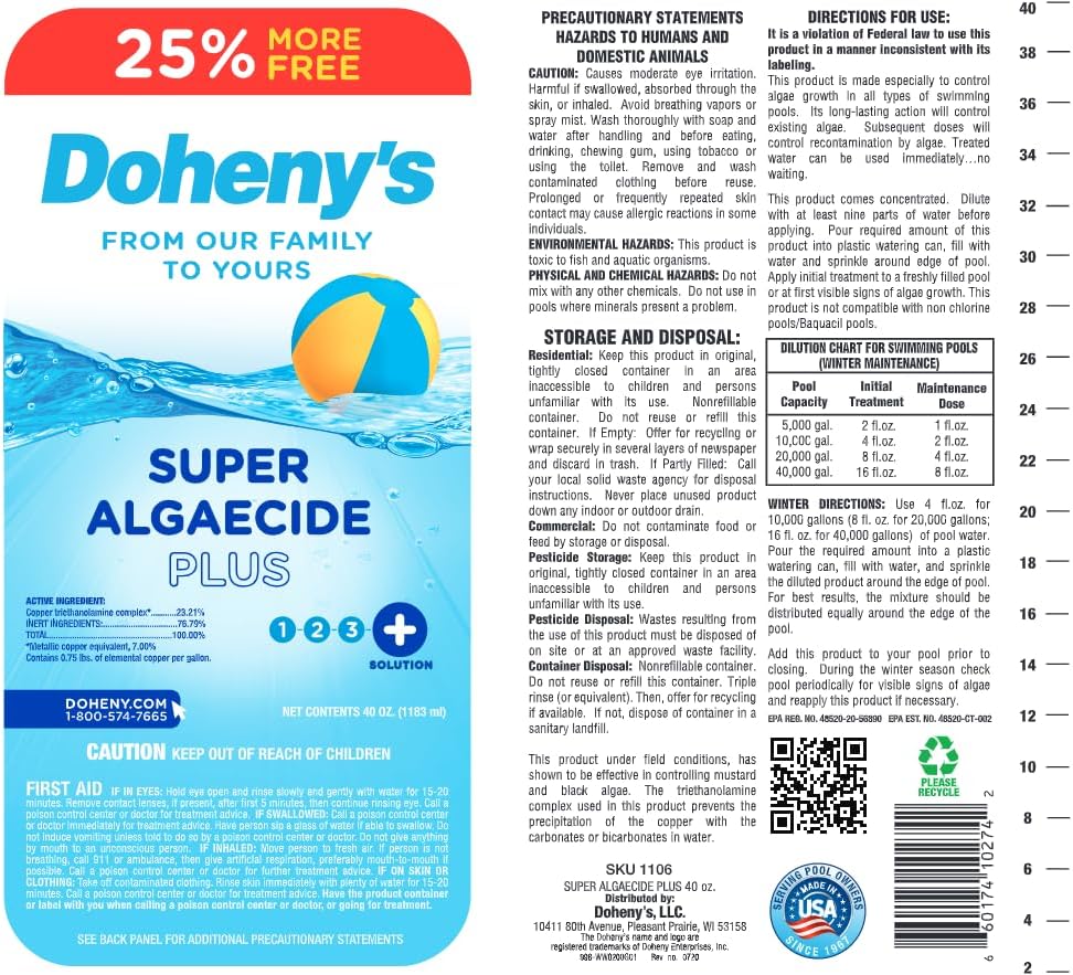 Doheny's Super Algaecide Plus | Pro-Grade | Effective Against Most Algae Types | 7.1% Chelated Copper (Reduces Staining) | Non-Foaming, No Clouding | Safe to Swim After Use | 12 x 40oz Bottles (480oz)
