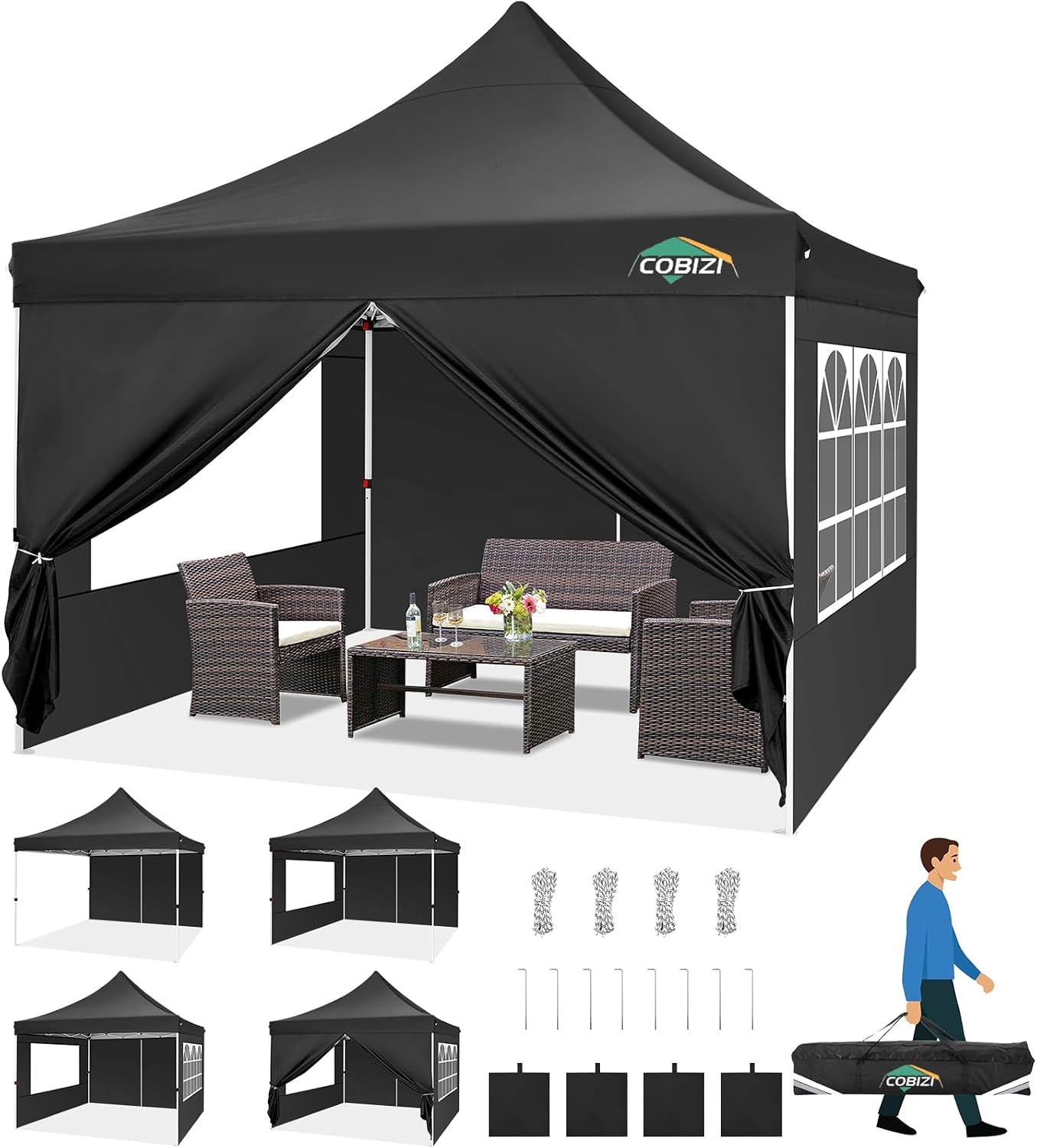 COBIZI Canopy 10x10 Pop Up Canopy Tent with 4 Sidewalls, Commercial Party Tent Ez Waterproof Outdoor Instant Gazebo UV 50+ Event Shelter, Garden Tents for Parties Camping with Sandbags, Black