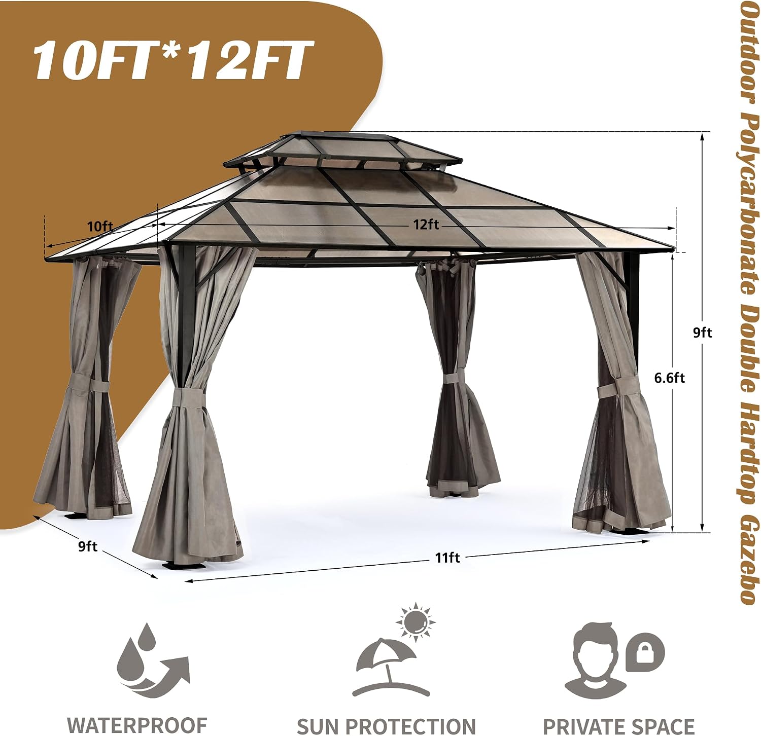 HAPPATIO 10'x 12' Outdoor Hardtop Gazebo, Polycarbonate Double Roof, Aluminum Furniture Gazebo Canopy with Netting and Curtains for Garden, Patio,Deck (Brown)