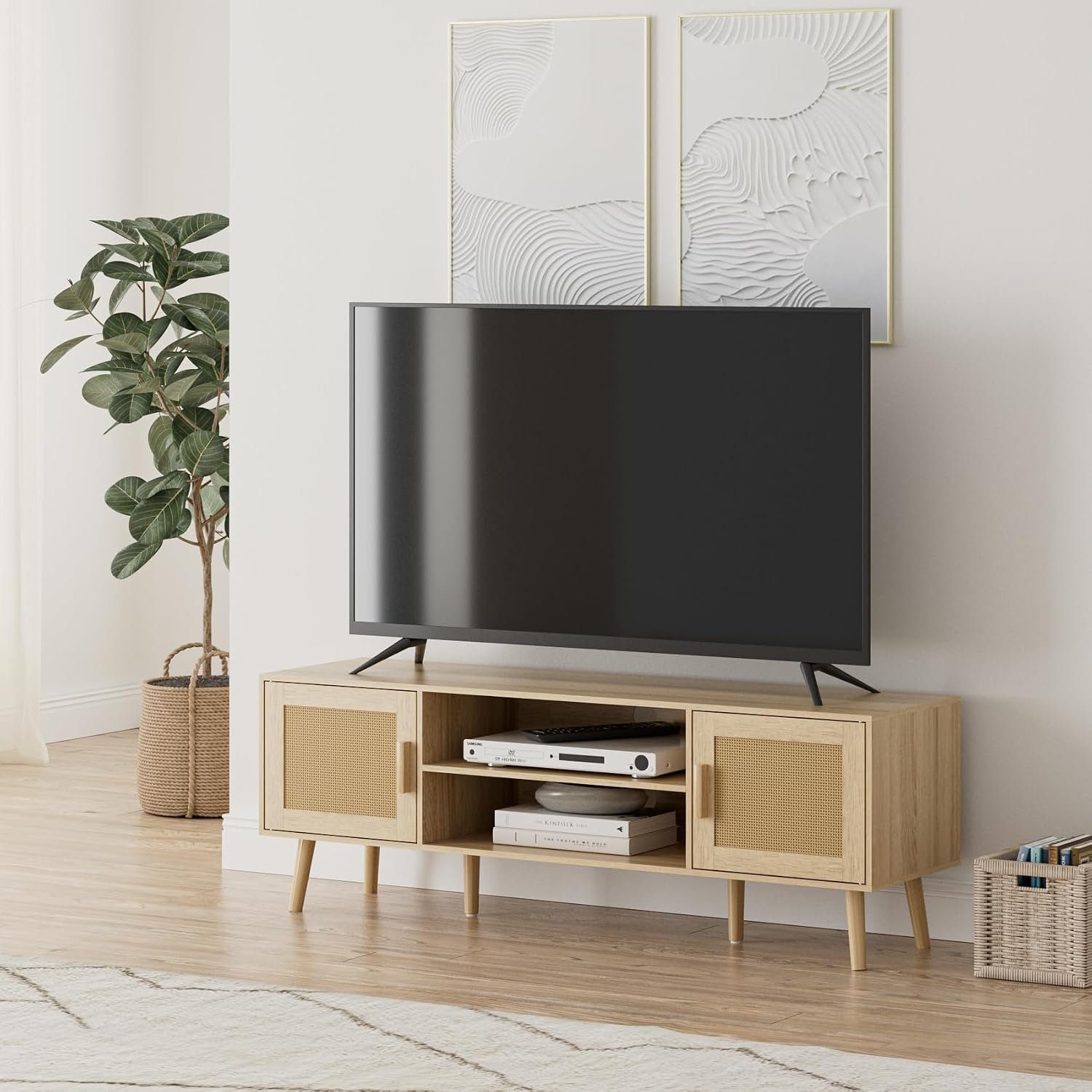TV Stand for 55-65inch TV, Rattan Entertainment Center with Soft Hinge Door,TV Console Table with 2 Cabinets with Gold Handle and Feet,for Living Room, Bedroom, Natural