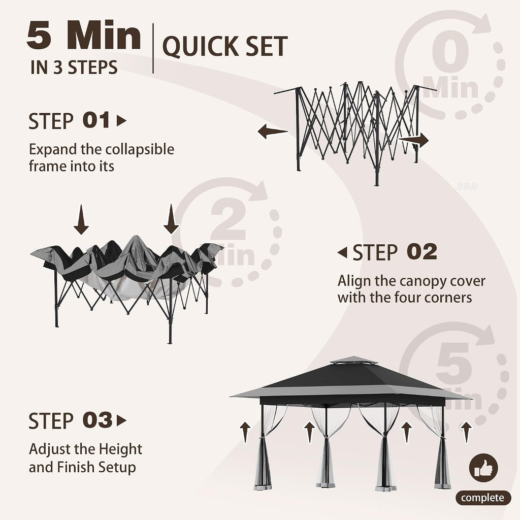 Bezseller 13x13 Pop Up Gazebo with Mosquito Netting – Easy 1-Person Setup, Water-Resistant Backyard Canopy for Family Patio & Garden Use, Black