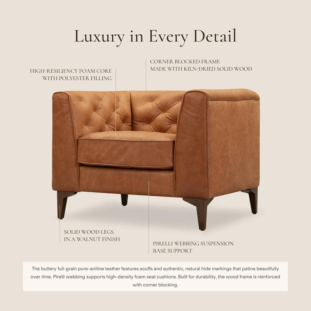 POLY & BARK Essex 40' Lounge Chair – Full-Grain Pure-Aniline Italian Leather, Tufted Back & Arms, Feather-Down Cushioning, Walnut Wood Legs - Cognac Tan