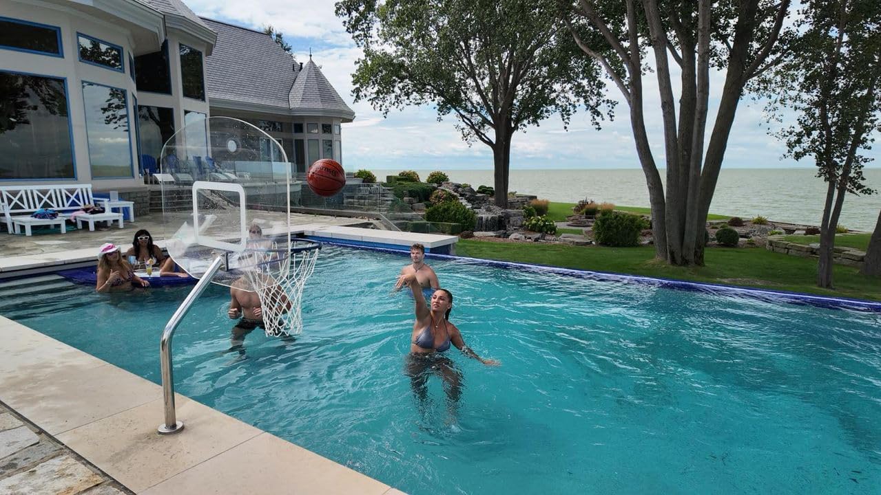 Global Pool Products Heavy Duty Basketball Hoop Set - in-Deck & Deck-Mounted - for Inground Swimming Pool - Stainless Steel Frame - 12' Offset with Net & Ball - GPPOTE-HDBBS-SS