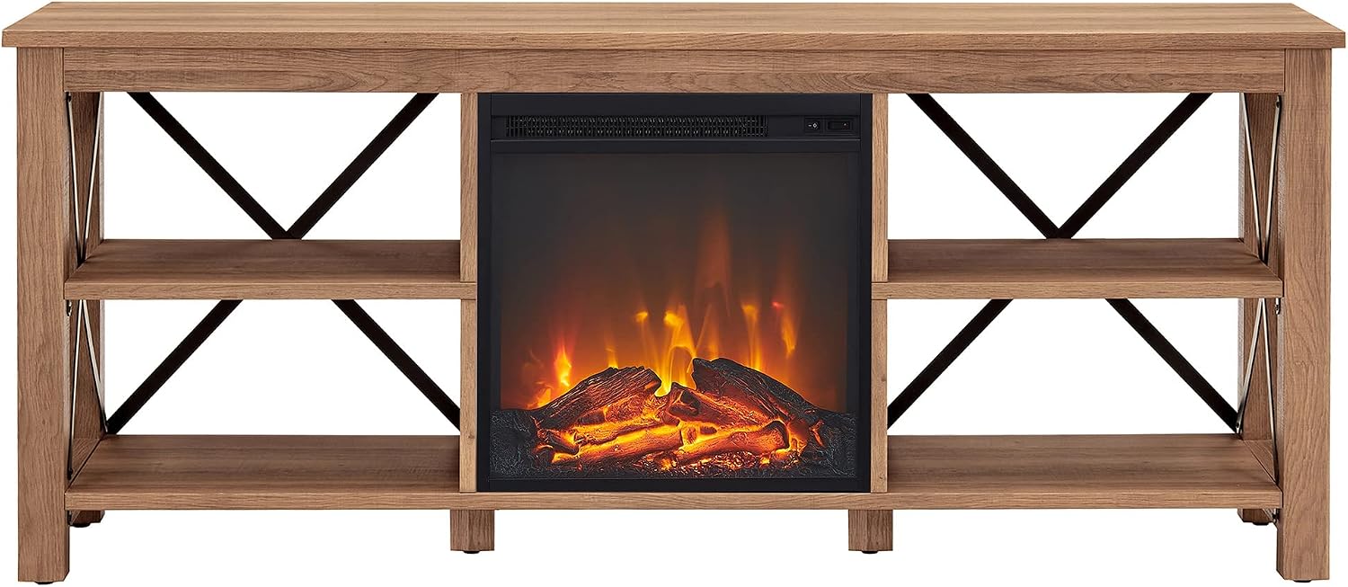 Henn&Hart Rectangular TV Stand with Log Fireplace for TV's up to 65' in Golden Brown, TV Stands for the Living Room