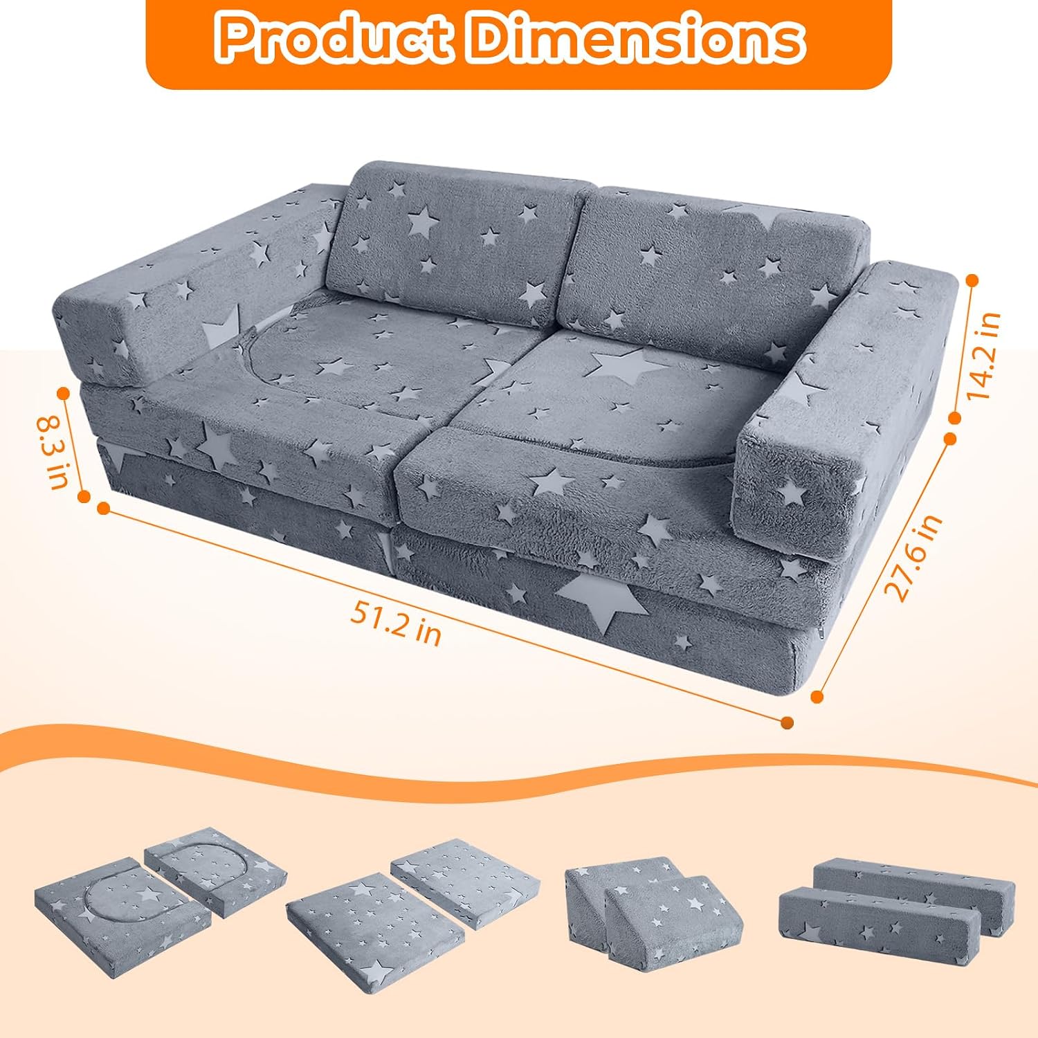 MeMoreCool Kids Modular Play Couch – 10-Piece Glow-in-the-Dark Foam Set Convertible Toddler Sofa | Fold-Out Bed for Boys & Girls | Sensory Fort Building Fun