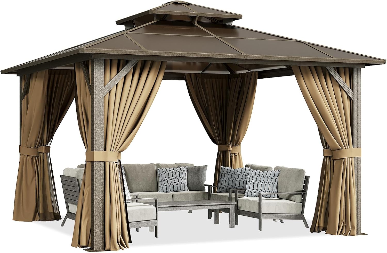12×12FT Brown Double Roof Polycarbonate Gazebo, Sturdy Outdoor Patio Shelter with Shade for Garden, Backyard, and Patio