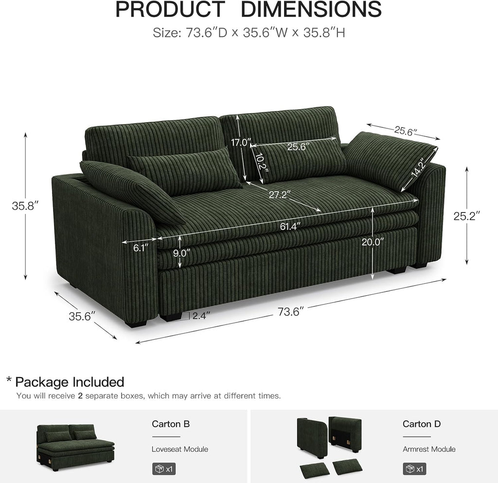 Belffin Large Modular Sectional Sofa with Deep Chaise Modular Sectional Loveseat Sofa with 9' Soft Dual-Layer 2 Seater Sofa Couch Corduroy Green