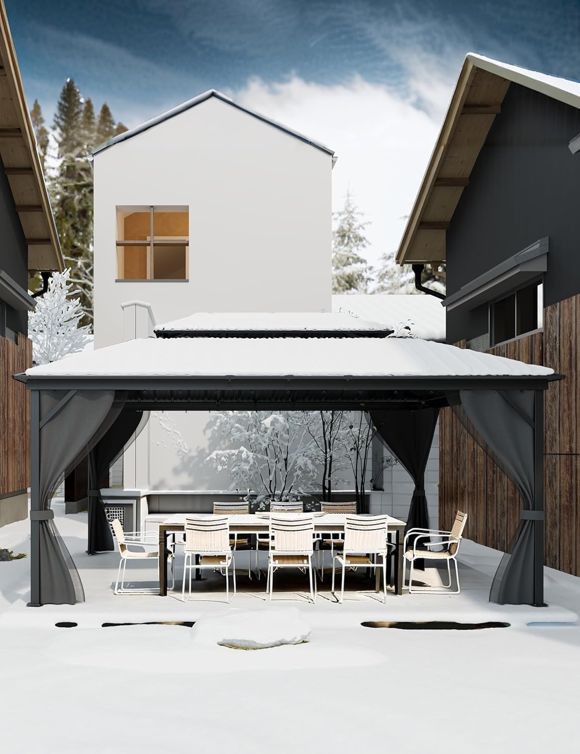 GAOMON Hardtop Gazebo 12'x16' for All Weather, with Double Metal Roof, Aluminum Alloy Frame, Net, and Curtain, Permanent Building of Backyard Luxury for Patio, Deck, Backyard, Lawn, and Garden, Gray