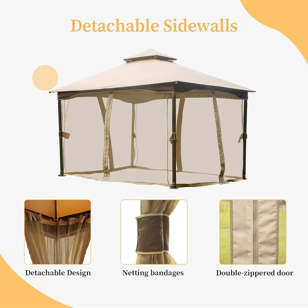 Domi 10' x 13' Outdoor Canopy with Mosquito Netting, Double Roof Soft Top Gazebo Pergola, Metal Frame Patio Shelter for Deck, Backyard, Garden, and Lawn