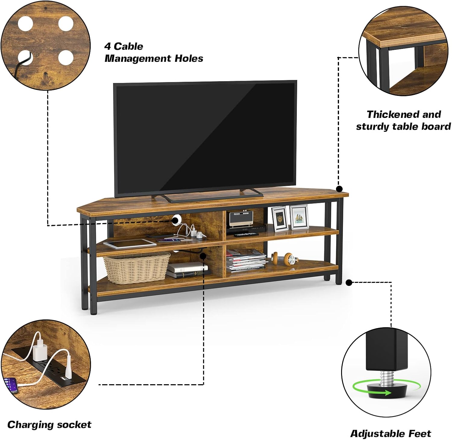Unikito 55'' Corner TV Stand with Power Outlet, Corner Entertainment Center TV Console Table with 4 Open Storage Shelves, Metal Frame for Living Room, Bedroom, Industrial 60'' Corner TV Stand, Rustic