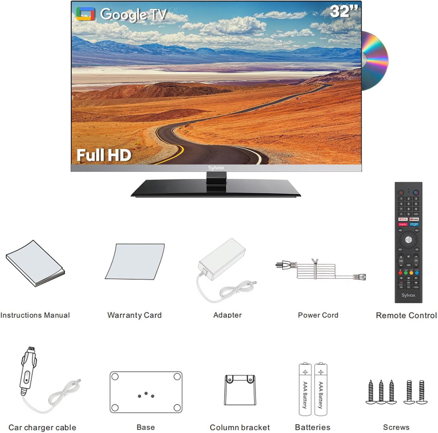 SYLVOX 32-inch 12V TV with Built-in DVD Player, Smart TVfor RVs & Campers, 1080P FHD, Google OS, WiFi & Bluetooth, 2 HDMI, 2 USB, AC/DC Powerd, Frameless Design