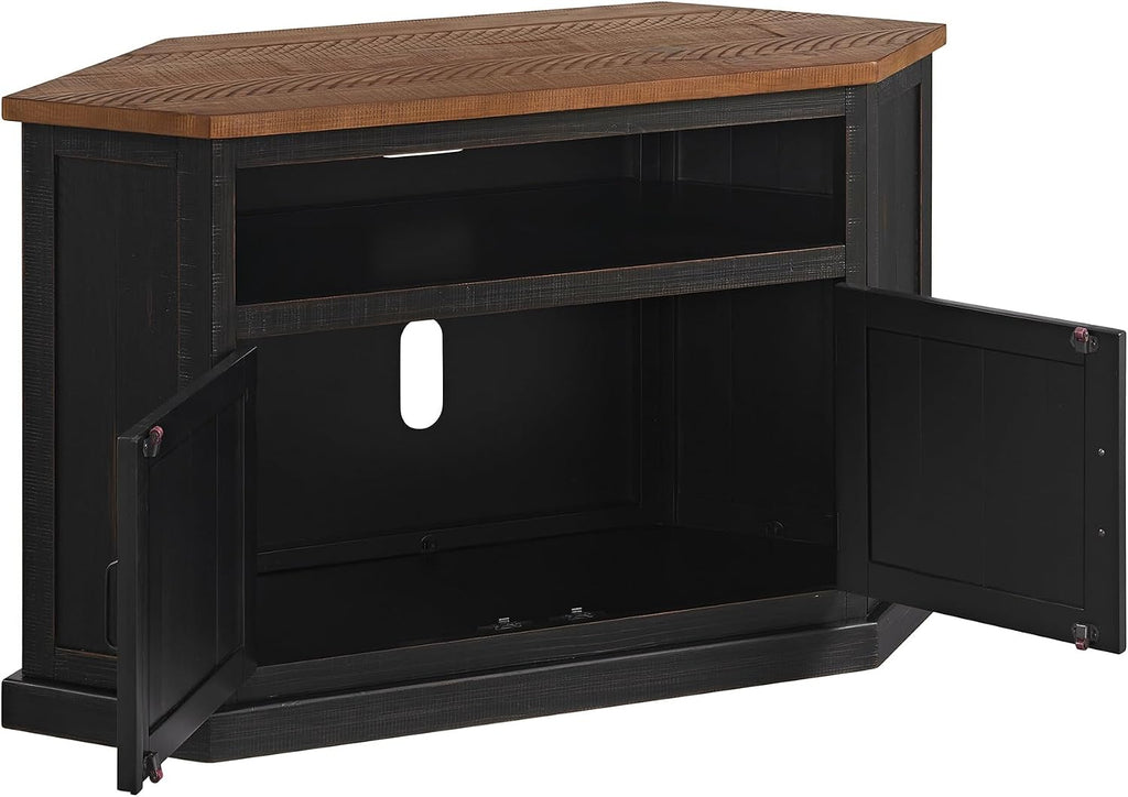 Martin Svensson Home Rustic Solid Wood Corner TV Stand - Black with Honey Top and Doors - Hexagonal Shape and Farmhouse Design Entertainment Center with Shelves Included