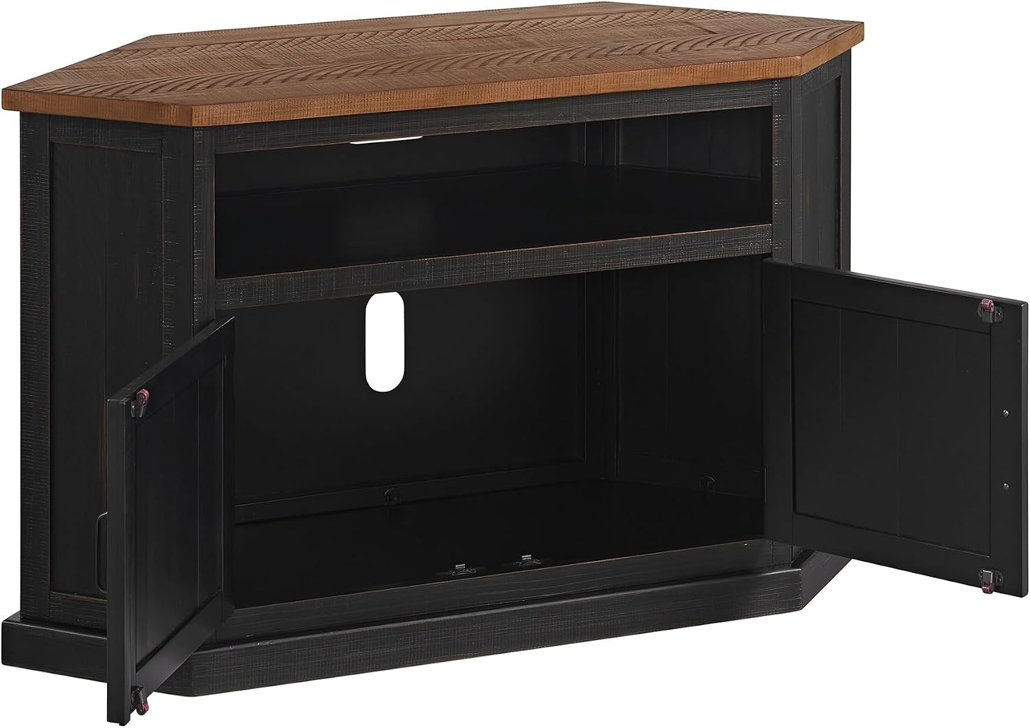 Martin Svensson Home Rustic Solid Wood Corner TV Stand - Black with Honey Top and Doors - Hexagonal Shape and Farmhouse Design Entertainment Center with Shelves Included