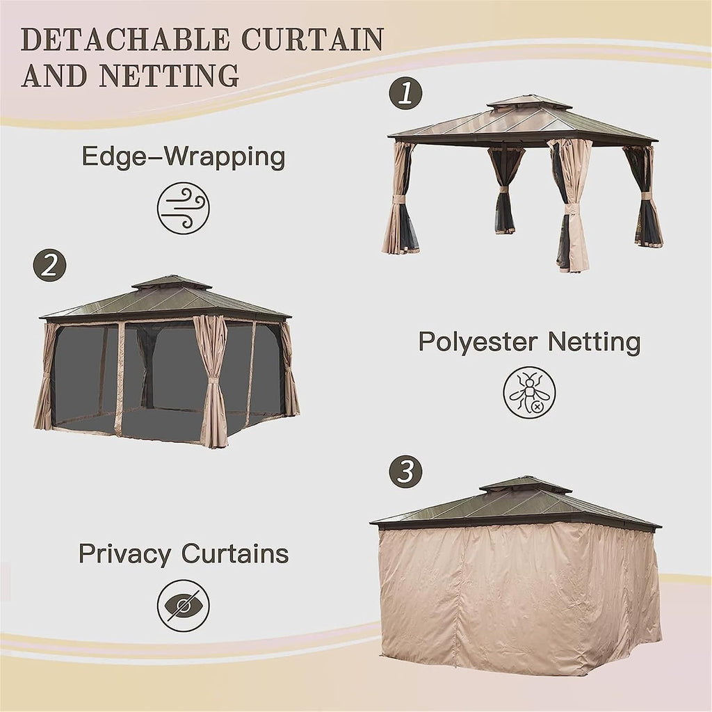 12'x12' Hardtop Gazebo, Pent Outdoor Gazebo with Polycarbonate Double Roof, Aluminum Gazebo Pavilion with Curtain and Net for Garden, Patio, Lawns, Deck, Backyard(Brown)