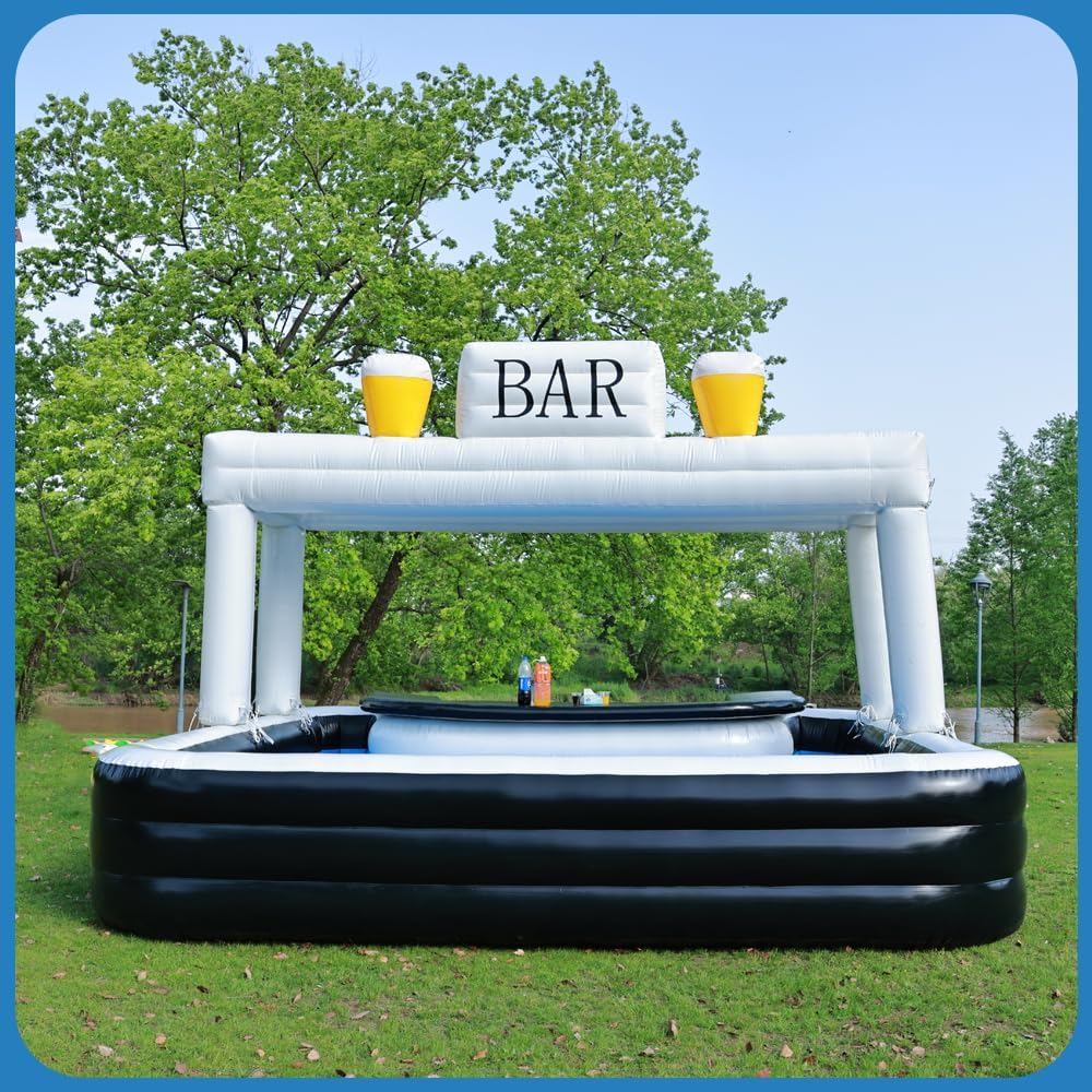 US Stock Party Ready Inflatable Pool Bar for Adults 13 ft Heavy-Duty PVC Backyard Pub with BAR Sign, Poolside Blow Up Bar for Outdoor Parties & Events