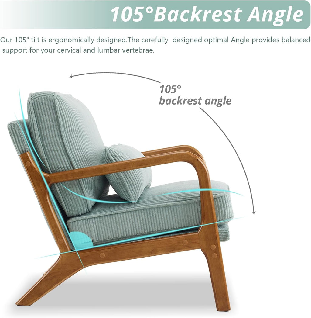 Karl home Mid-Century Modern Accent Chair, Living Room Chairs with Pillow Corduroy Upholstered Lounge Armchair with Solid Wood Frame & Soft Cushion for Bedroom, Reading Room, Teal